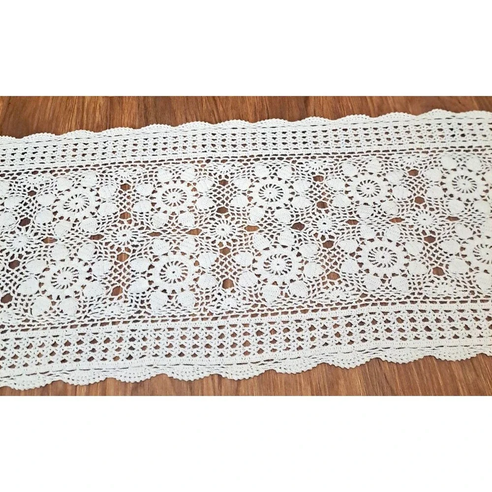 White Crochet Knit Table Runner 47x14 Floral Daisy Long Handmade Country Cottage